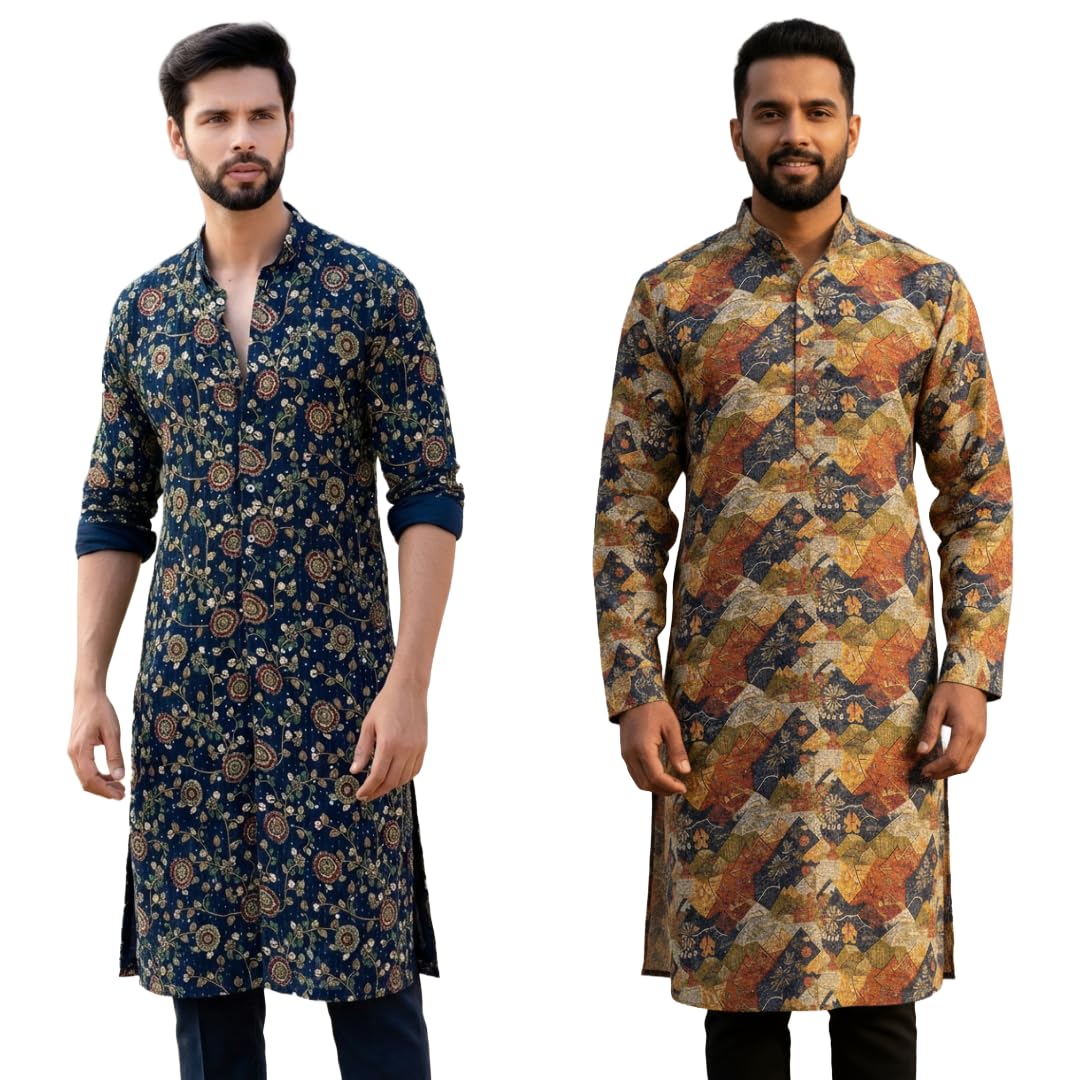 Mens Traditional Floral Print Cotton Kurta, Navy Blue with Mandala Pattern, Long Sleeve Ethnic Wear-image-40