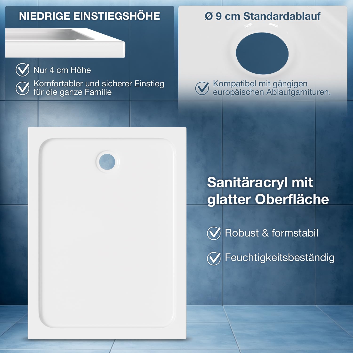 Piatto doccia 90 x 120 x 4 cm, in acrilico, 4 cm, piatto, bianco | Diametro 90 mm, foro di scarico, piatto doccia piatto da 4 cm, con pendenza, per piccoli bagni, ristrutturazione del bagno
