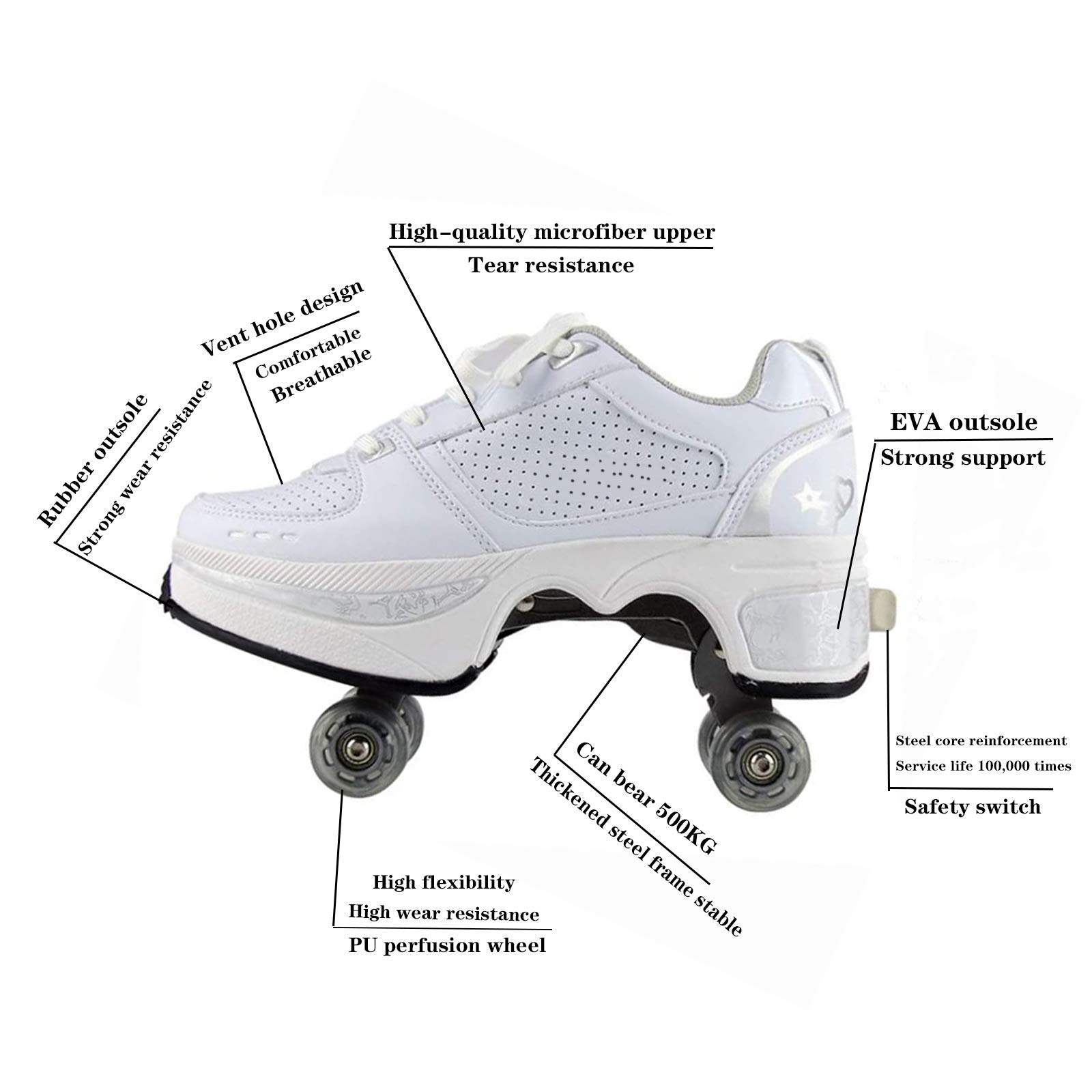 Pattini A Rotelle Scarpe per Bambini per Adulti con Doppia Ruota, Pieghevole Diventa Sneaker Sportive per Allenatore Sportivo per Ragazze dei Ragazzi,EUR41