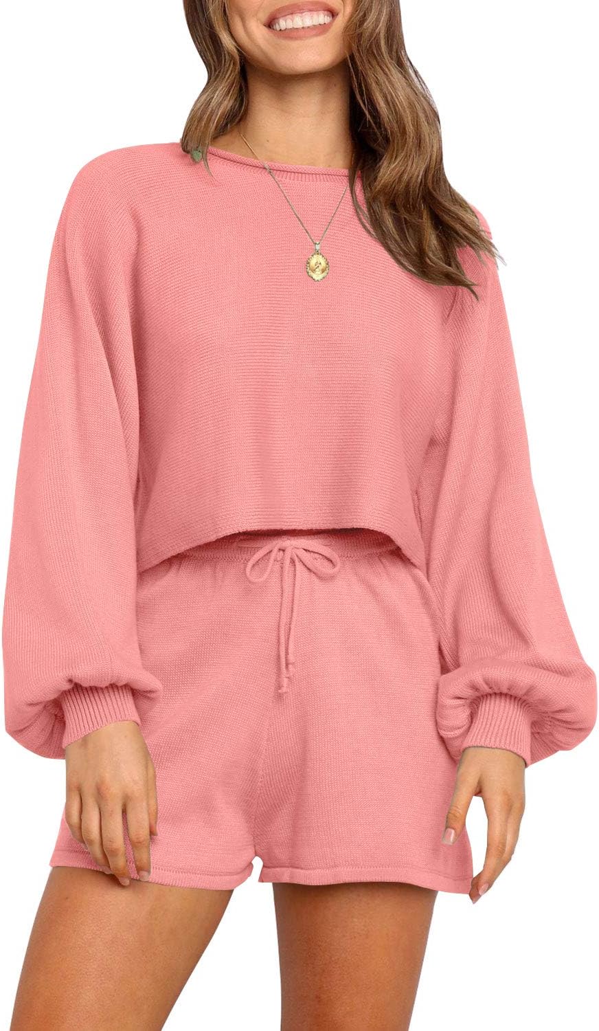 Women's Casual Long Sleeve Solid Color Knit Pullover Sweatsuit 2 Piece Short Sweater Outfits Sets