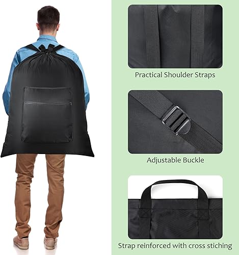 Miniatura 5 de OTraki Mochila grande de 28 x 36 pulgadas, bolsa de lavandería de viaje resistente con correas de hombro, bolsa de tela Oxford negra para