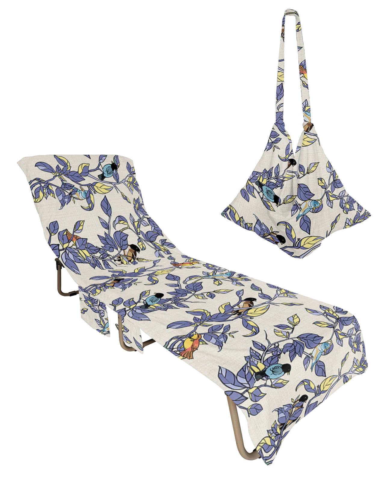 Purple Yellow Botanical Beach Lounge Chair Towel Cover, Soft Chaise Lounge Towel with Side Pockets Patio Pool Chairs Cover for Beach/Pool Sunbathing 29x85 Rustic Spring Floral Summer Botanical Birds