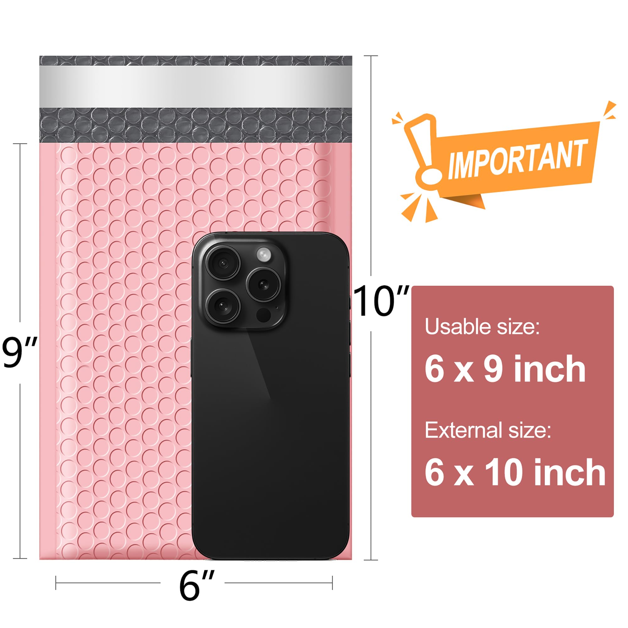 Famagic Luftpolsterumschläge, 15,2 x 25,4 cm, 50 Stück, selbstklebende Versandumschläge, Poly-Luftpolster-Versandtaschen, matte Verpackung für kleine Unternehmen, hellrosa (Innenmaße: 22,9 cm)