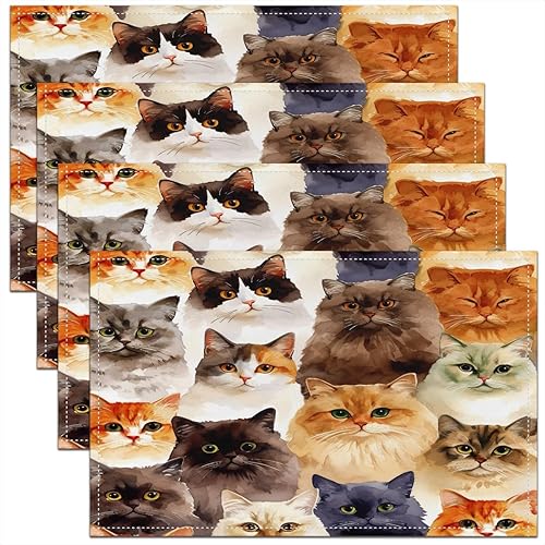 Manteles individuales para mesa de gatos de 18 x 12 pulgadas, con estampado de gatos, de tela lavable, lindos manteles individuales para mesa de