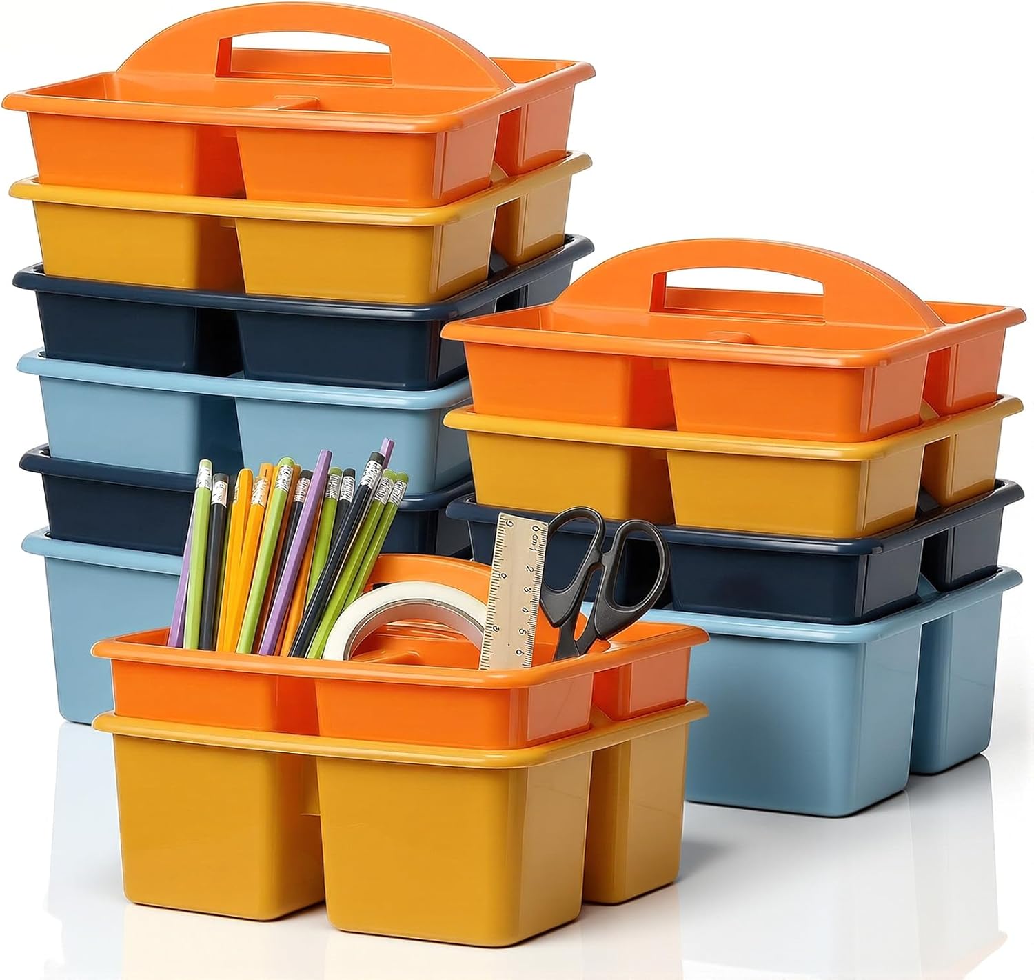 Kathfly 12 Pack Caddy Organizer with Handle, Stackable Organization Storage, Small Plastic Basket Classroom Caddy for Table Desk Office Pencil Kids Room Craft Art Teacher School Supplies (Blue Orange)