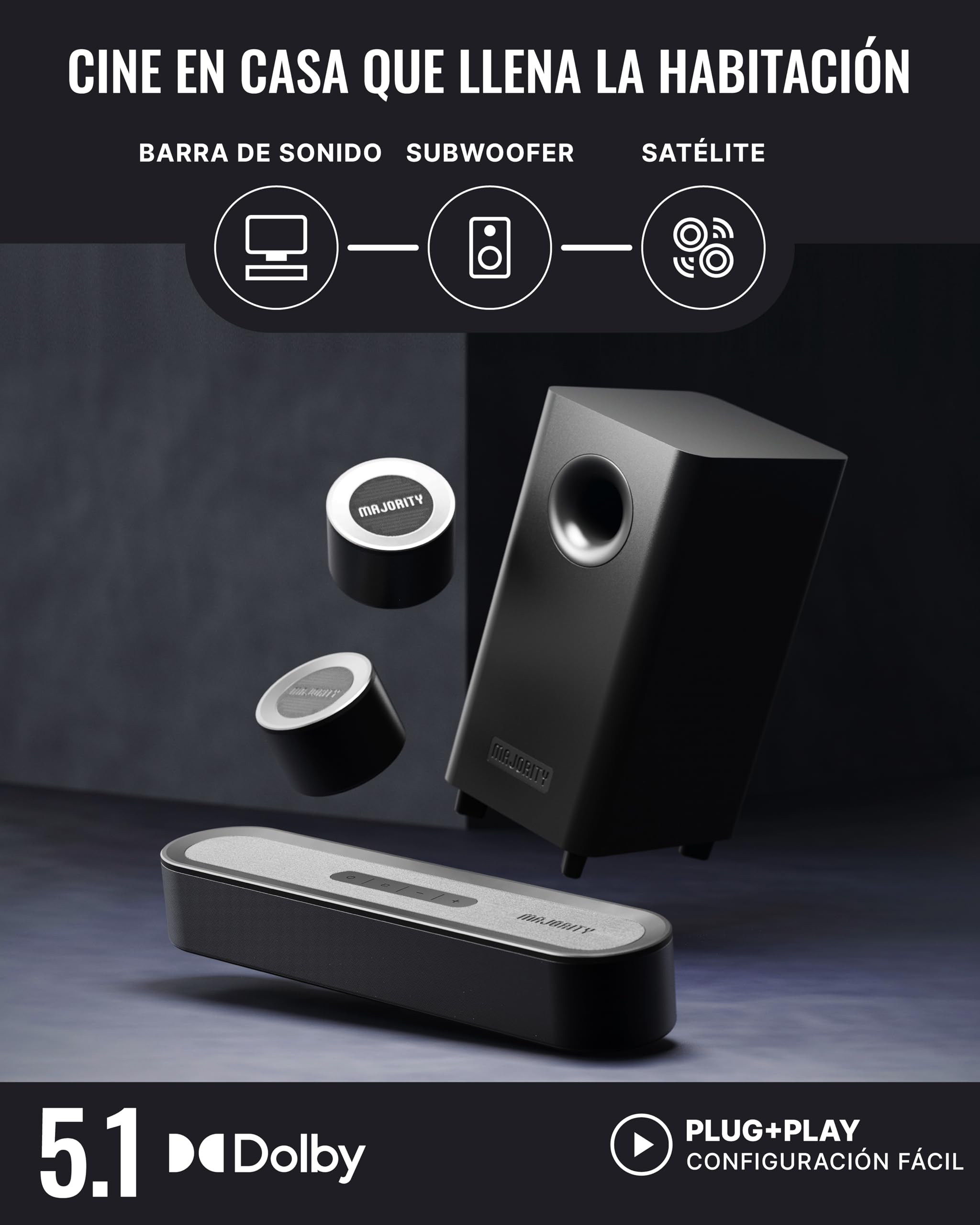 MAJORITY Bowfell Halo Barra de Sonido TV | 230W Home Cinema Soundbar HDMI eARC | 5.1 Dolby Audio Altavoz TV Subwoofer & Altavoces Satélite | Barra de Sonido PC Bluetooth 5.3 | Cine en Casa Sound Bar