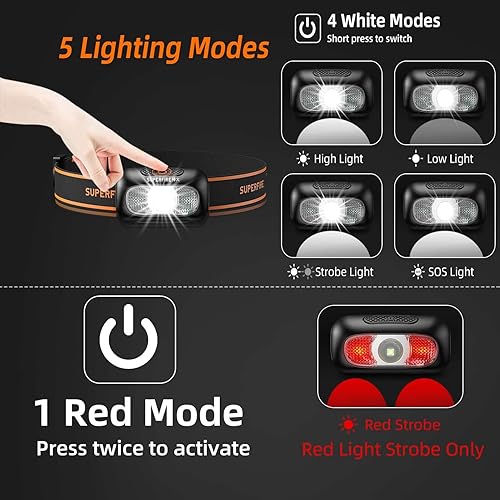 Miniatura 3 de SuperFire Linterna frontal recargable (paquete de 2), linterna LED ultraligera, 5 modos, incluye luz roja, impermeable, para campamento, senderismo,