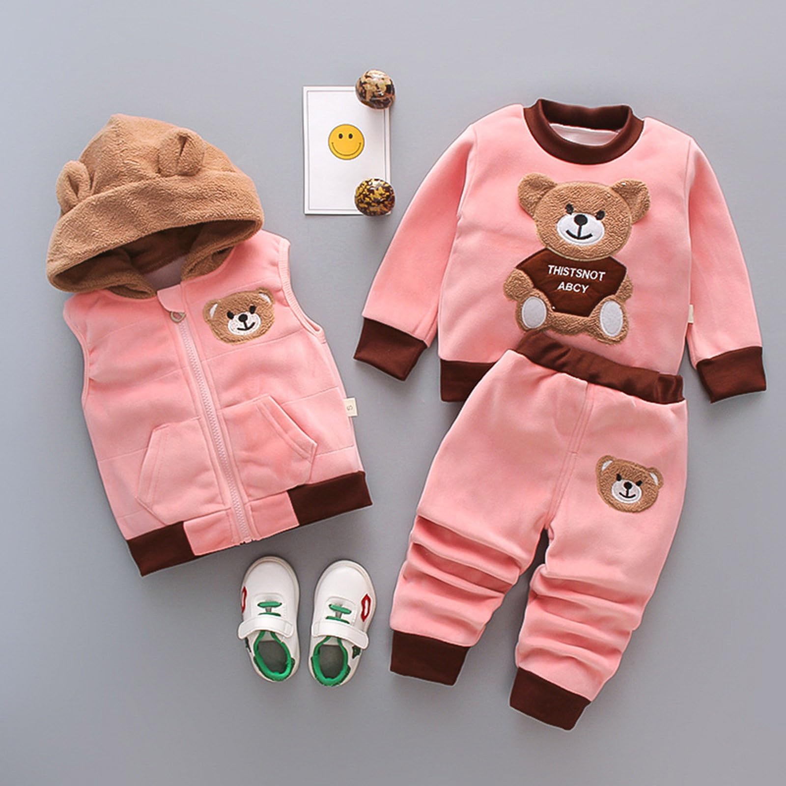 Sportanzug Kinder Jungen, Zwei Teiler Set Jungen Mädchen 3-teiliges Flanell-Set Bären-Print Pullover Sweatshirt Kapuze Reißverschluss Weste Hose Winter-Outfits
