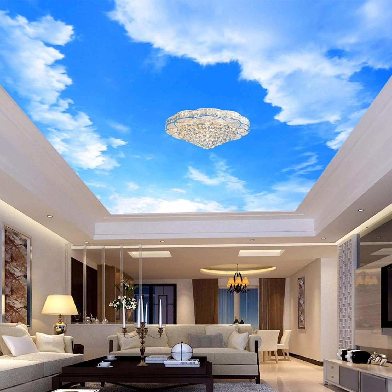 Custom 3D Peel and Stick Wallpaper Blue Sky White Clouds Sunshine Ceiling Wall Mural Living Room Ceiling Decoration Mural
