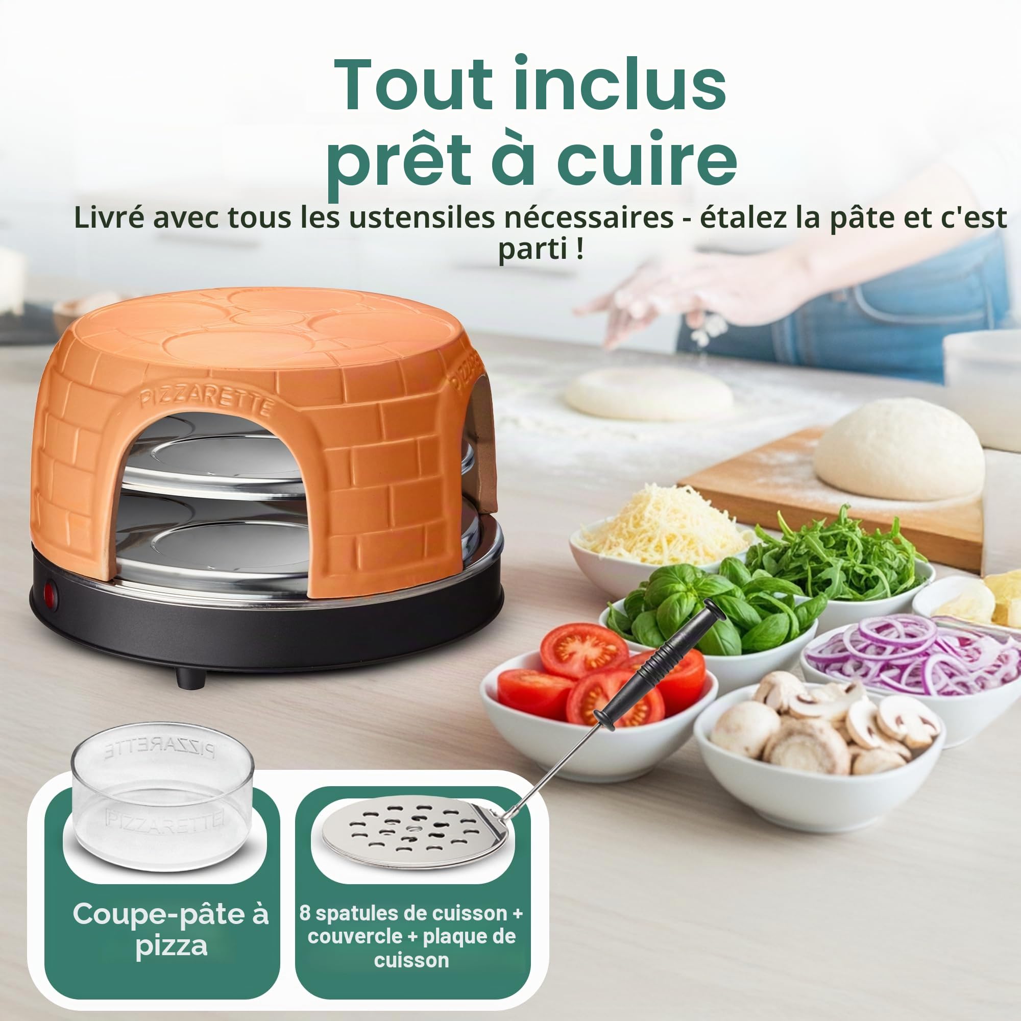 Emerio PO-116124.1 Four à pizza, couvercle en terre cuite, fait à la main, design breveté, pour mini pizza, véritable plaisir en famille pour 8 personnes