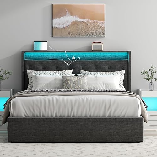Miniatura 53 de Loomie Base de cama King con estación de carga y luces LED, cama tapizada con cabecera de almacenamiento copetuda con botones, almacenamiento Gris