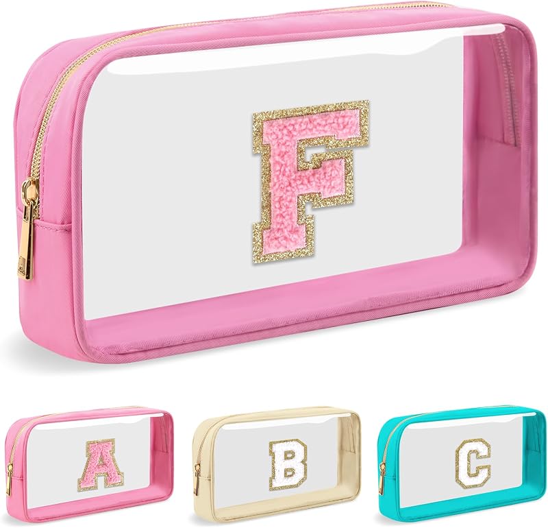 Necessaire de maquiagem transparente UIXIZQ com letra inicial em chenille, nylon e PVC, zíper, Small-Pink, 25 x 13 x 6 cm