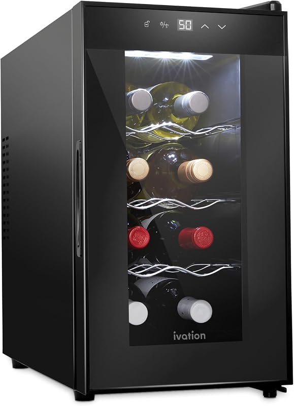 8 Bottle Red And White Wine Thermoelectric Wine Cooler/Chiller Counter Top Wine Cellar with Digital Temperature Display, Freestanding Refrigerator Smoked Glass Door Quiet Operation Fridge