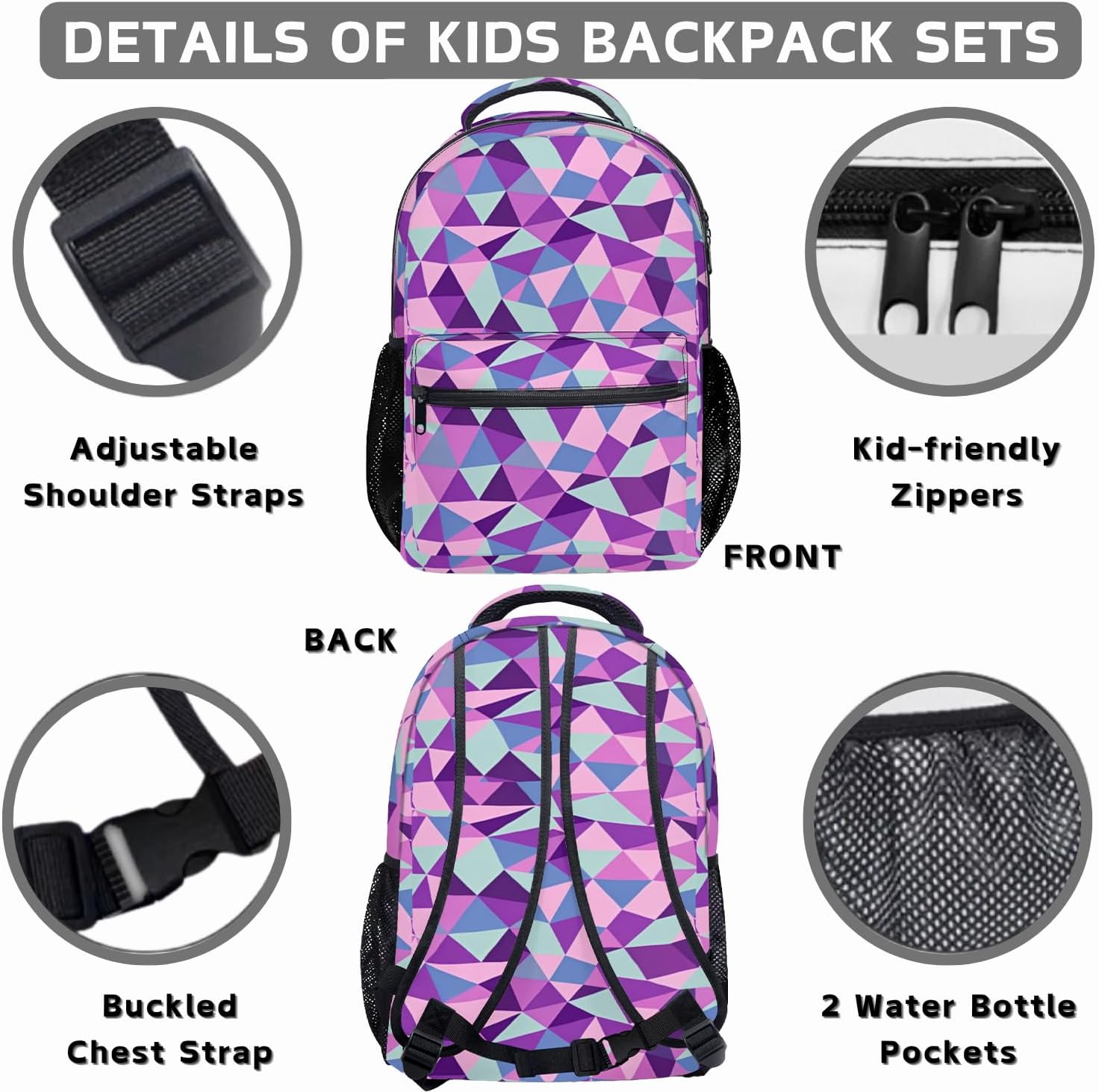 Kids Backpack with Lunch Box Set, 3-in-1 Geometric School Bag for Girls & Boys, Lightweight Waterproof for Elementary Middle School Students