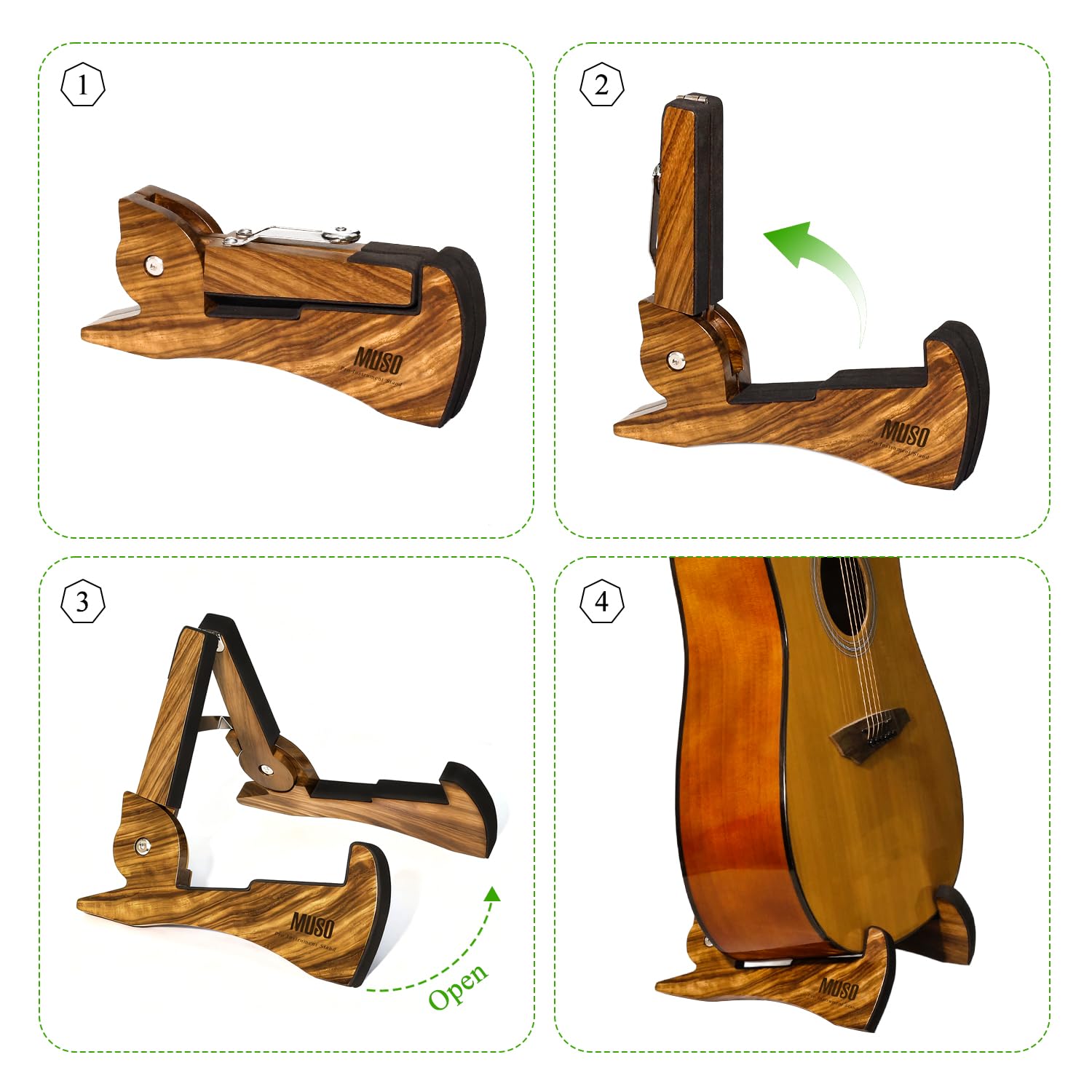MUSO Soporte plegable para guitarra, madera natural, forma de conejo, ligero y portátil, para guitarra, bajo, ukelelele, banjo, violonchelo, violonchelo, violín y mandolina (cebra)