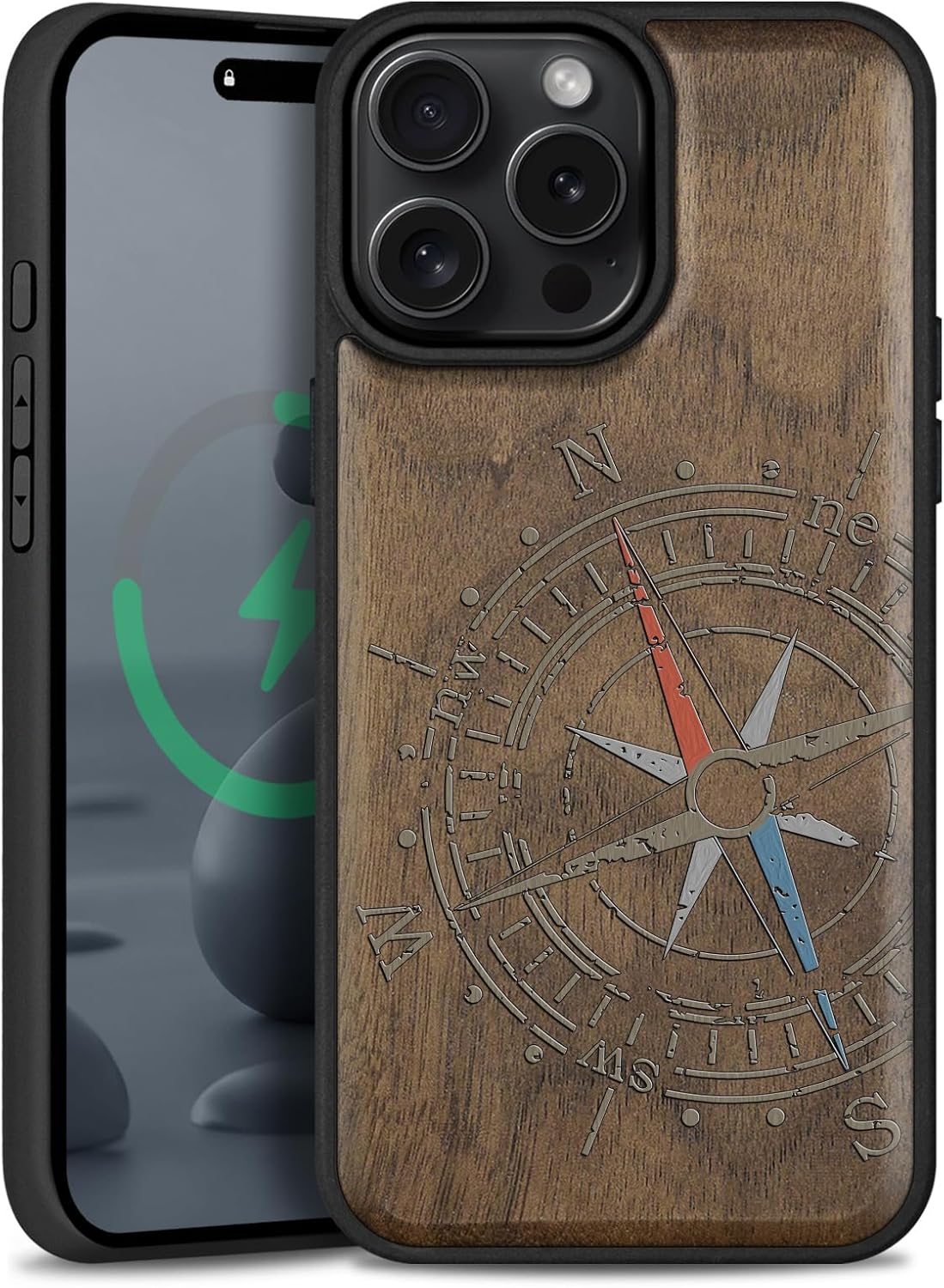Magnetic for iPhone 16 Pro Max Case Compatible with MagSafe Wireless Charging, Natural Wood Cover & Shockproof TPU Phone Case, Walnut Hand-Drawn Pattern - Compass Adventure