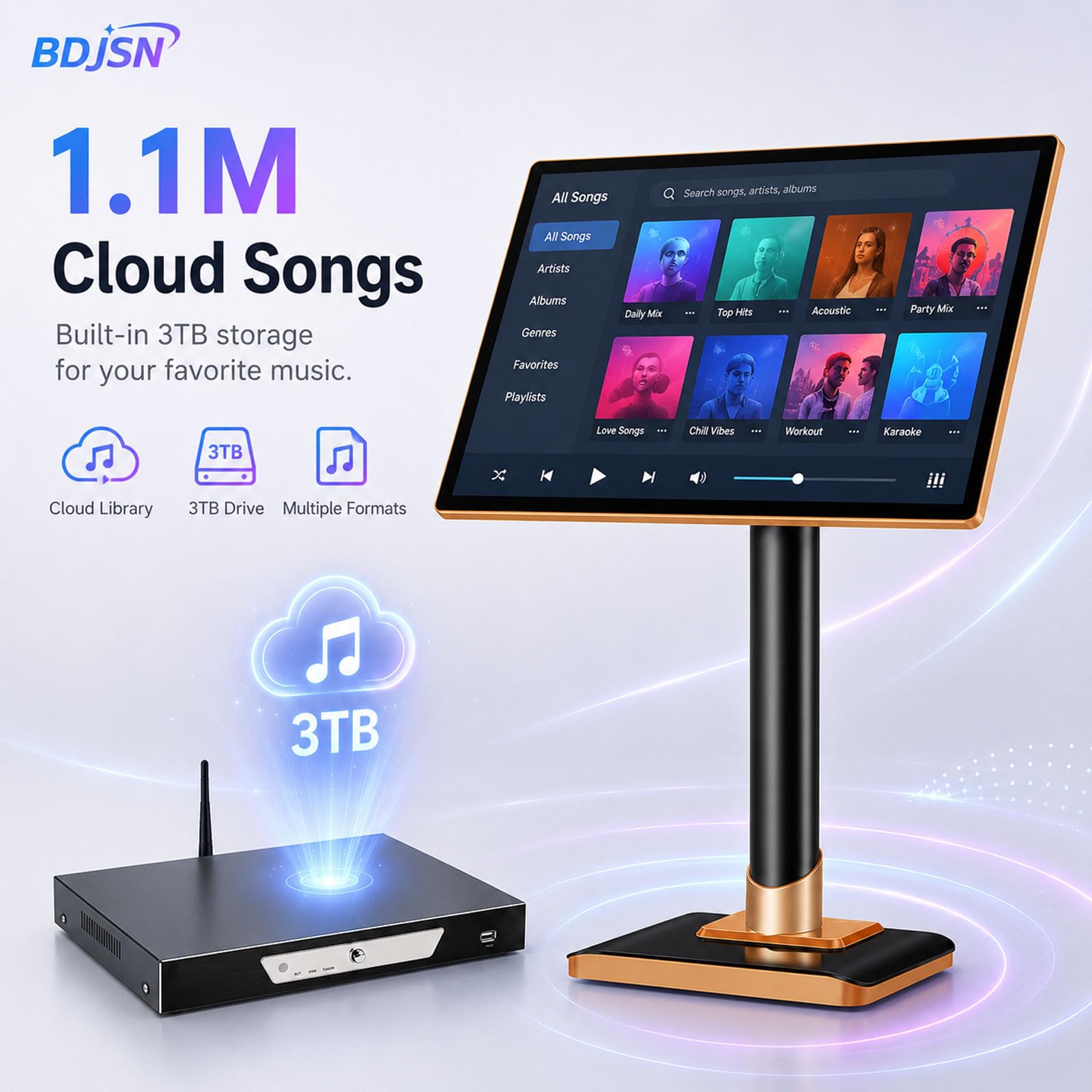 Sistema Karaoke con Schermo Touch 4k da 19 Pollici, 2 Microfoni Wireless E Ricevitore. Controllo Brani Tramite App Wi-Fi, Memoria 3 TB, Multilingue. Adatto per Casa, Bar E Feste