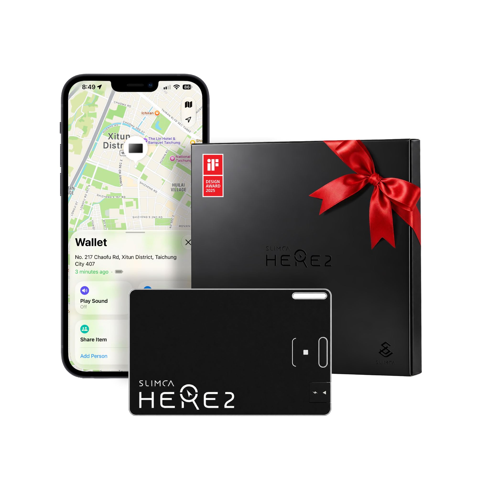 SLIMCA HERE 2 Tracker-Karten für Apple Find My, 1,3 mm ultradünne wiederaufladbare USB-C-Karte, Artikel-Locator für Geldbörse, Reisepass, Gepäck, 80 dB Alarm, IP64 wasserdicht, biegbares Design