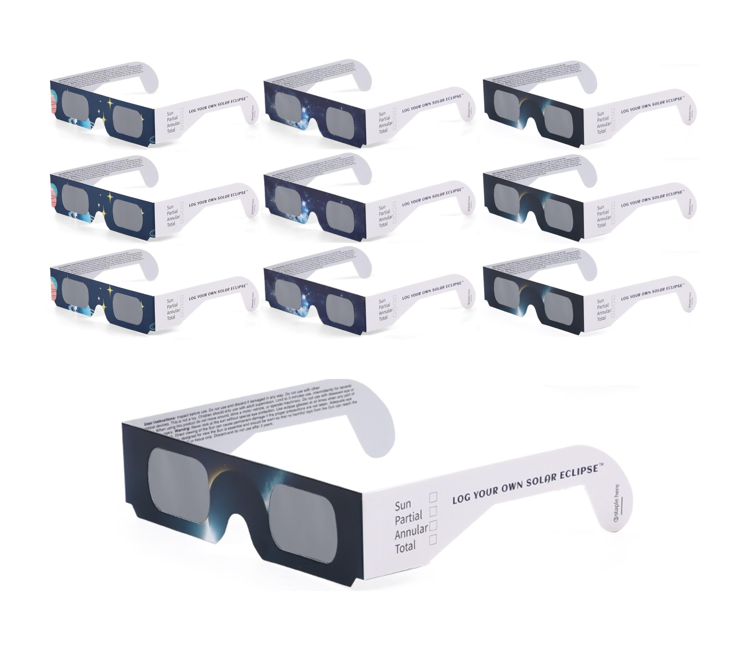 Log Your Own Solar Eclipse Glasses - Patent Pending - ISO Certified Solar Eclipse Glasses- Mixed- 10 Pack
