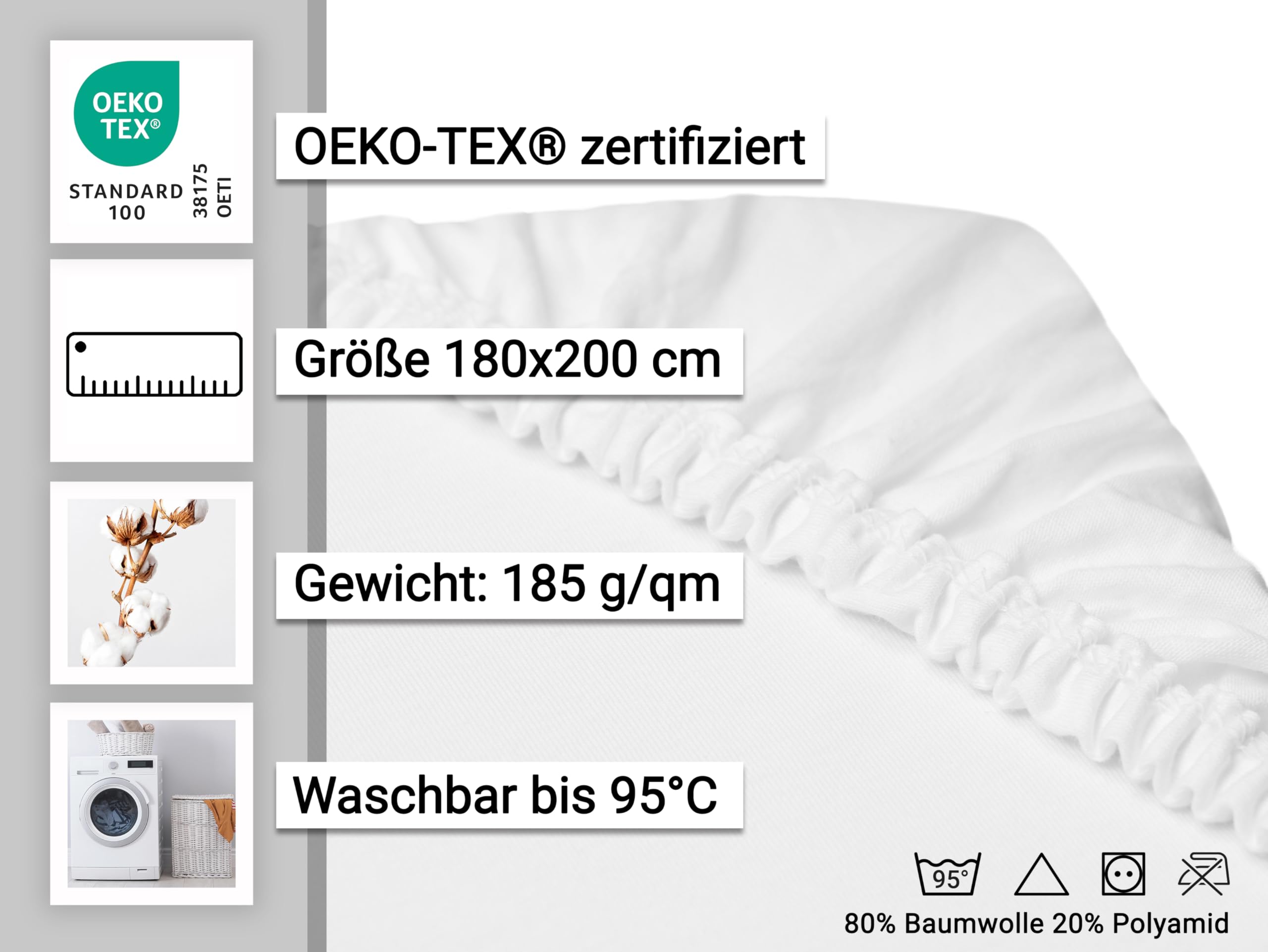 ZOLLNER Spannbettlaken in 180x200 cm - mit eingearbeitetem Gummibund - Mischgewebe - Made in Europe – waschbar bis 95°C - Hotelqualität - Oeko Tex® Zertifiziert