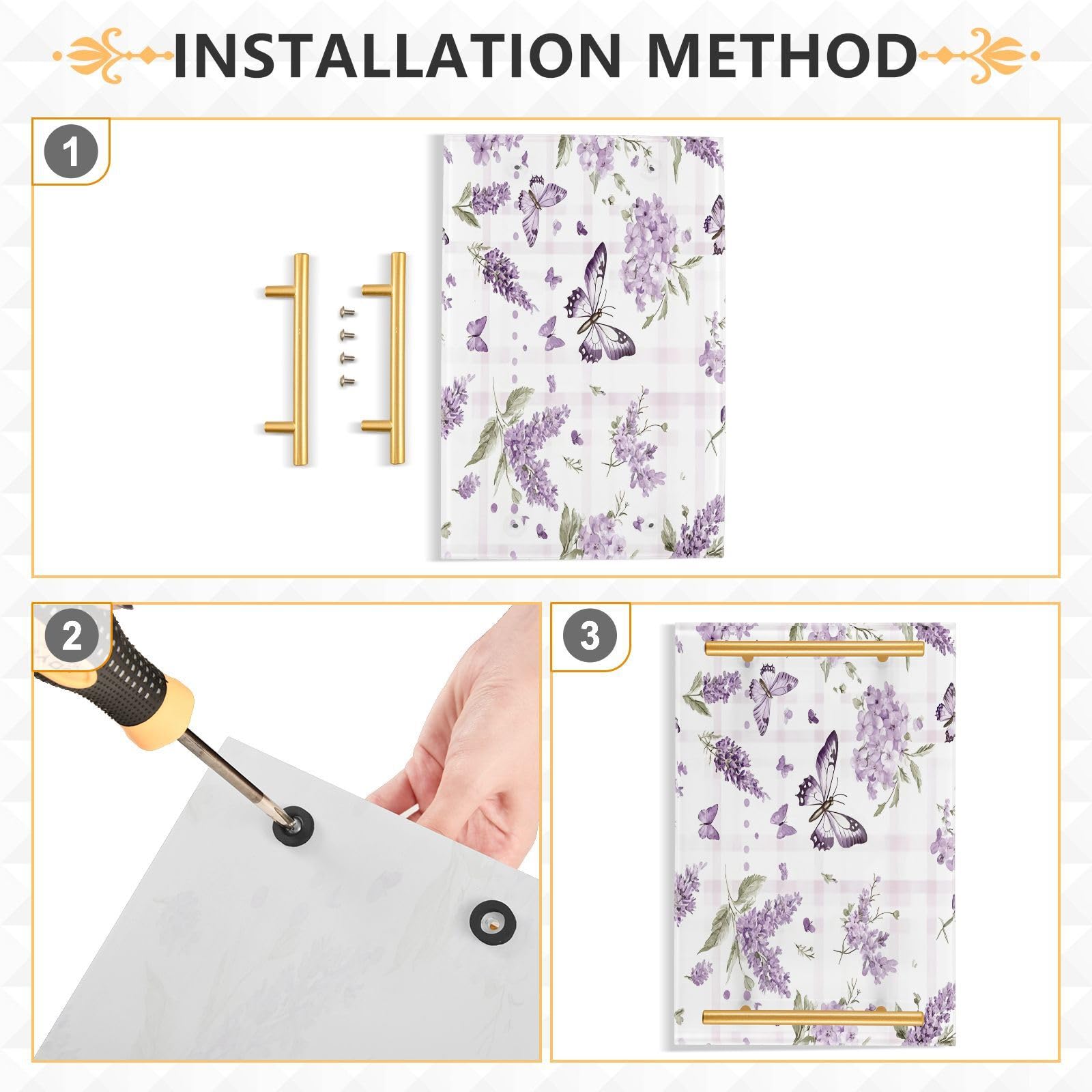 GUIJI Lavender & Butterflies Acrylic Tray, Perfume Cosmetic Jewelry Decorative Trays Bathtub Organizer, Living Room Kitchen Serving Tray with Gold Handles