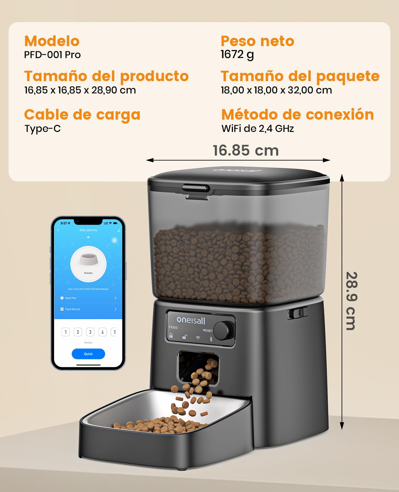 oneisall 3.5L Comedero automático para Gatos, Comedero Inteligente WiFi para Gatos, Control App, 1-10 Comidas al día, Dispensador de Comida para Gato/Perro, con Cuenco de Acero Inoxidable