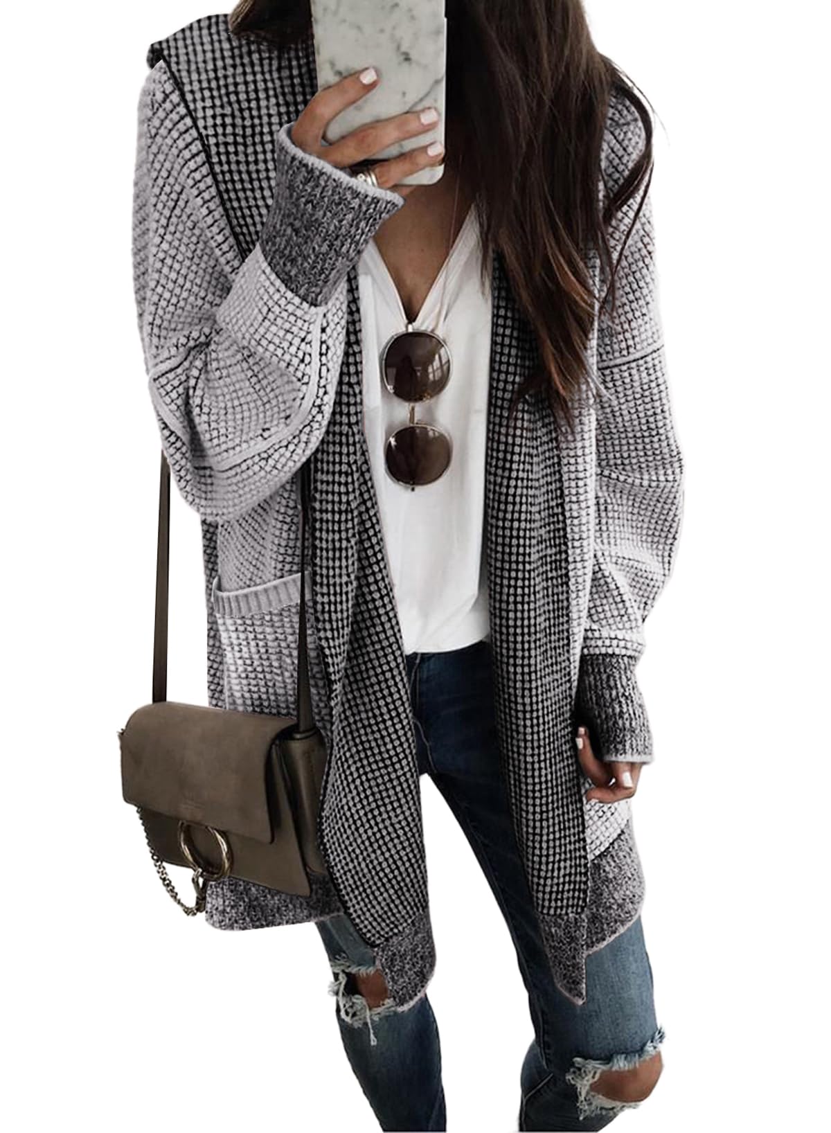 Women's Cardigan Sweaters Hooded Oversized Open Front Chunky Knit Plaid Sweater Coat Fall Fashion Tops, Medium Grey, X-Large-image-49
