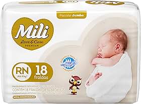 Mili Fralda Infantil Love & Care Recém Nascido RN, Alta Absorção, Ajuste Confortável, 18 Unidades