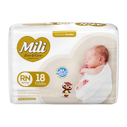 Mili Fralda Infantil Love & Care Recém Nascido RN, Alta Absorção, Ajuste Confortável, 18 Unidades Mili Fralda Infantil Love & Care Recém Nascido RN, Alta Absorção, Ajuste Confortável, 18 Unidades