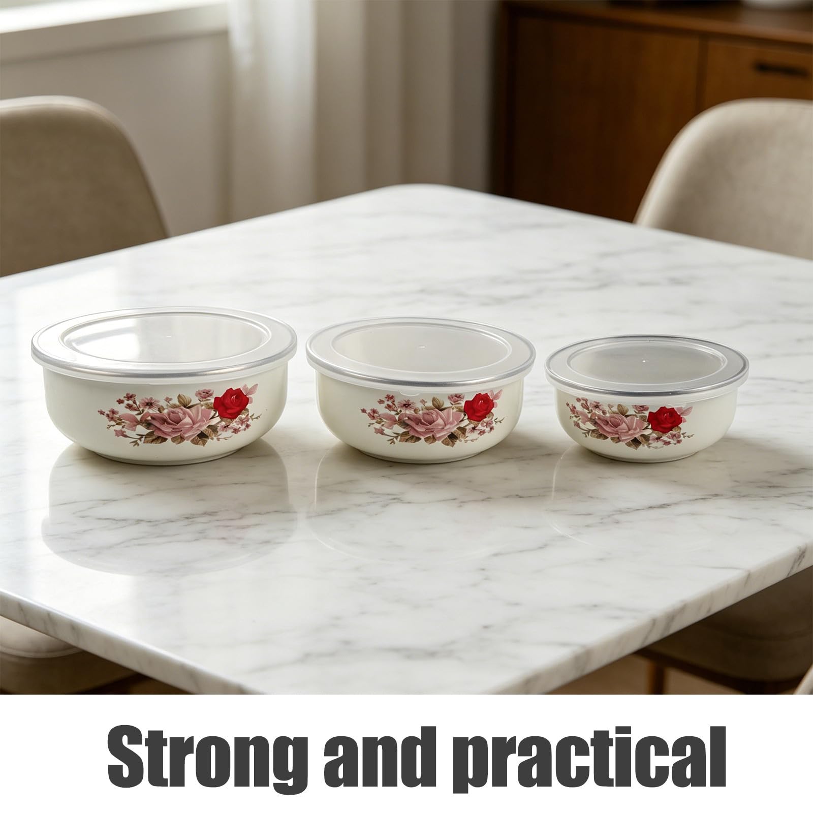 TIDTALEO Set 3 Pezzi Ciotole Smaltate con Coperchio Vintage per Conservazione Alimenti Resistente e Impilabile, Adatte per Uso in Cucina e Casa