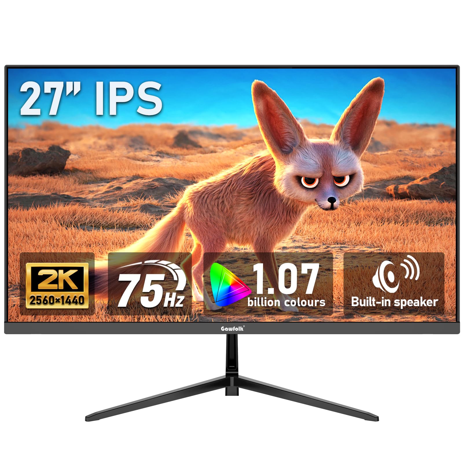Gawfolk 27 inch IPS 2K QHD (2560×1440) Computer Monitor 75Hz Gaming PC Screen, 1ms，Adaptive Sync,100% sRGB, 1.07 Billion Colours,DisplayPort 1.4、 HDMI2.0, Built-in speaker- Black