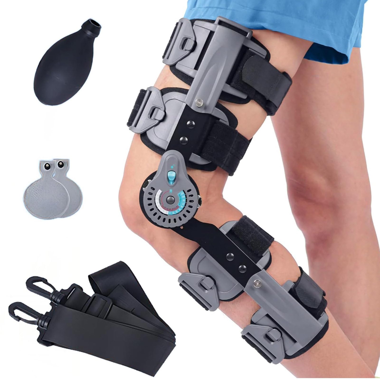 Rodillera con Bisagra, Rodillera De FijacióN ROM con Bloqueo Lateral De Pierna (0 A 120°), Longitud Ajustable De 48 A 62cm, para RecuperacióN Posoperatoria, RehabilitacióN OrtopéDica