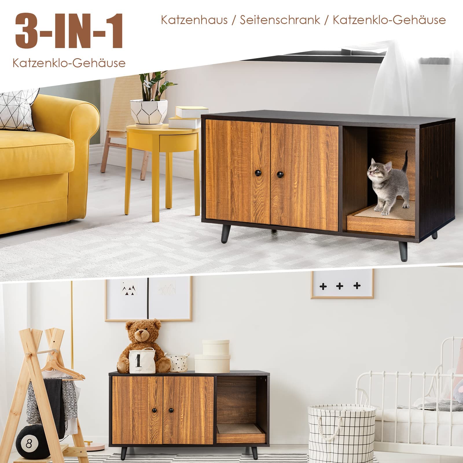 FANTASK Casetta laterale 2 in 1, tavolo e armadietto per gatti con 2 ante, tavolino da caffè e lettiera per gatti, in legno, con design impermeabile, buona circolazione dell'aria, 90 x 50 x 50 cm