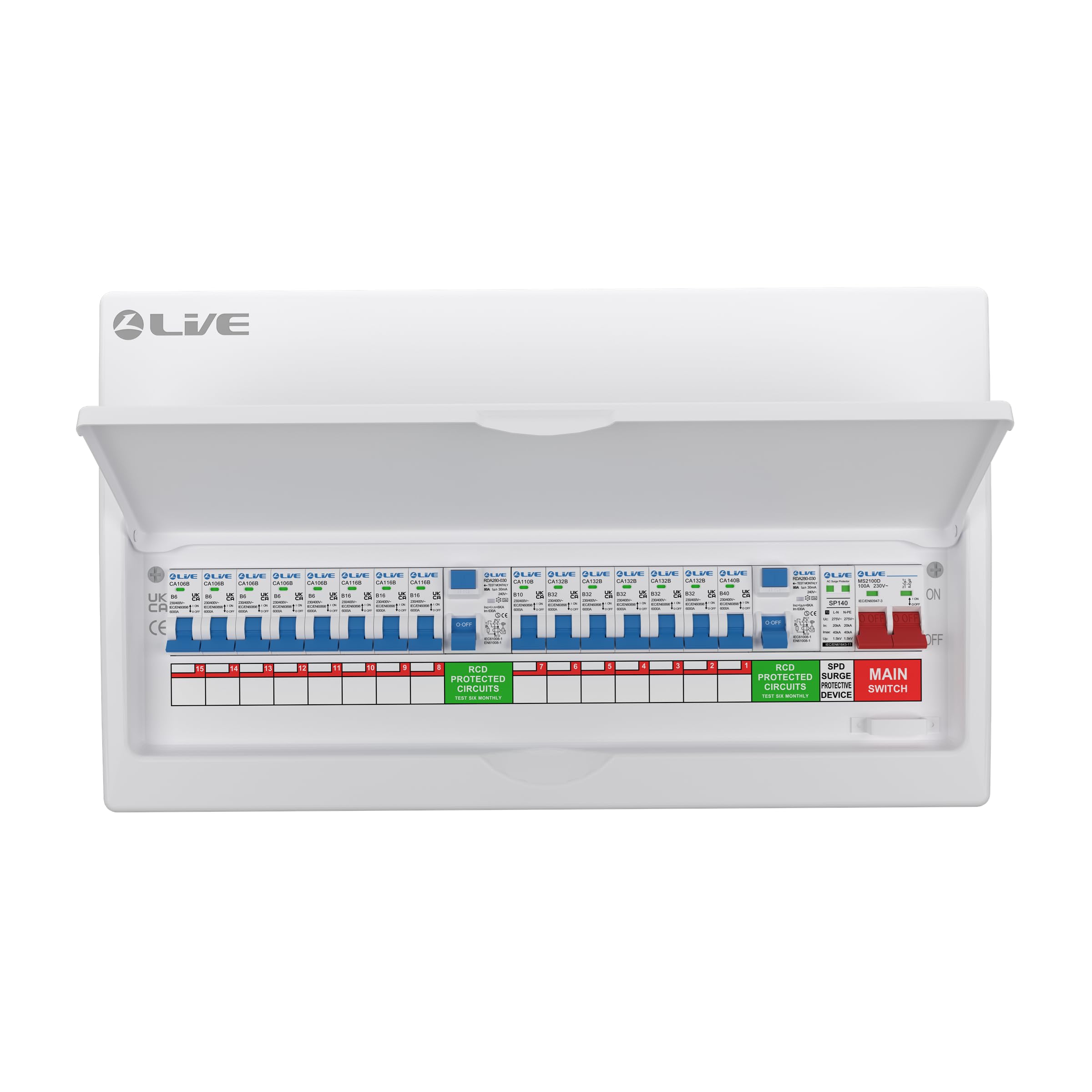 Live Electrical 22 Way Metal Clad Split Load Consumer Unit c/w 100A Main Switch / 2 x 80A 30mA RCD + 15 MCBs (5x6A, 1x10A, 3x16A, 1x32A, 2x40A) + 20/40kA DP Surge Protection Device - LSMC2280TR-AS