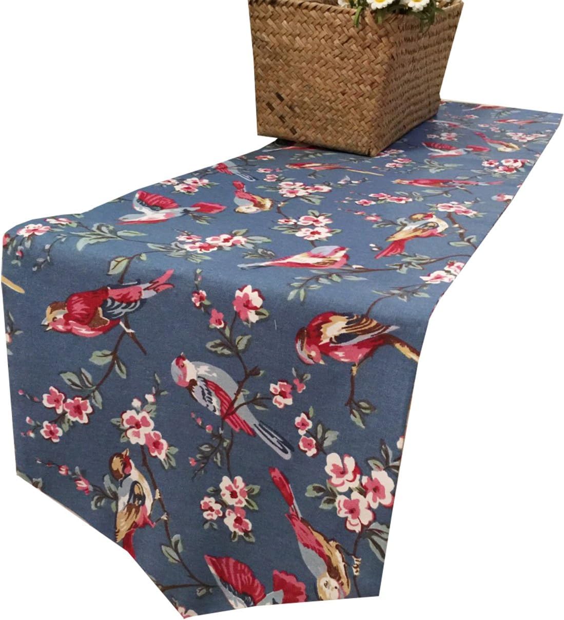 idealCN Classic Flowers and Birds Painting Table Runner Blue Background Double Layer Chinese Classical Printed Cotton and Linen Table Cloth for Home Decor