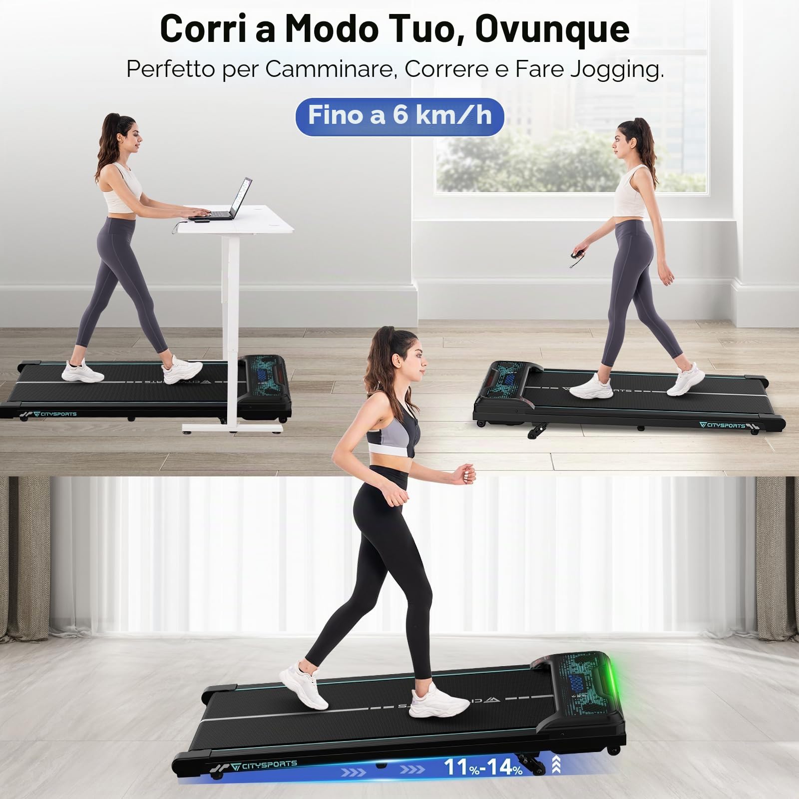 CITYSPORTS Tapis Roulant électrique 11 %–14 % inclinable – Tapis de Course compact avec LED & éclairage d’ambiance, 1–6 km/h, silencieux, télécommande, idéal maison et bureau