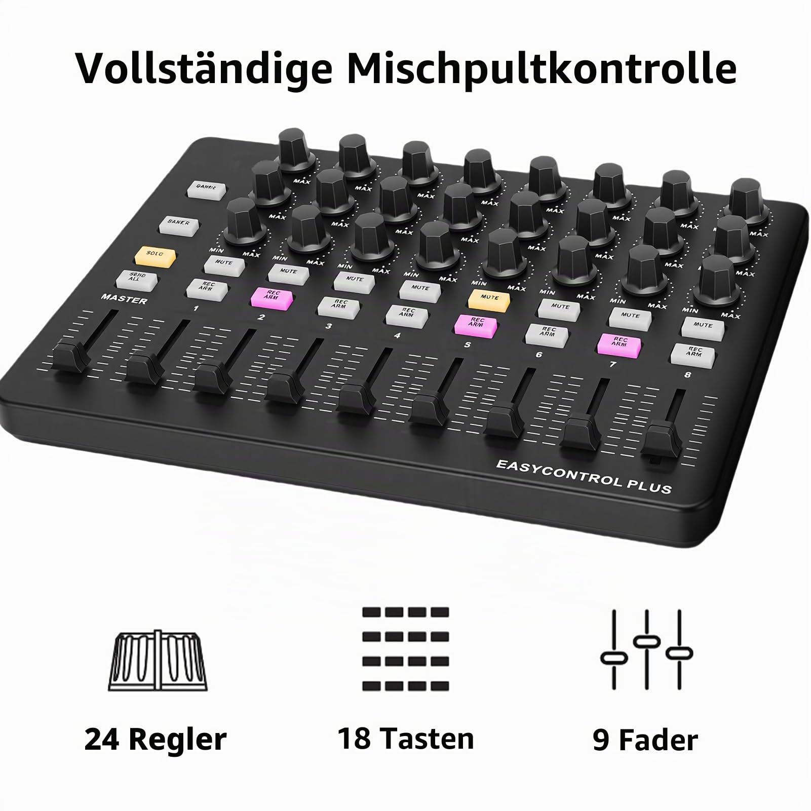 MIDI-Keyboard-Controller, 24 Zuweisbare Knöpfe, 9 Fader, 18 Programmierbare Tasten mit One-Tap-Synchronisierung für Musikproduktion, Aufnahmestudio