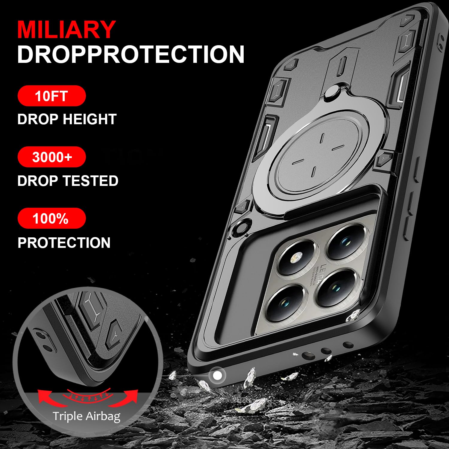 XRCS for Xiaomi 14T Pro Case,with Camera Lens Cover Slider 1Pack Screen Protectors Magnetic Kickstand Protective Case Heavy Duty Rugged Cell Phone Protective Cover Black - Image 3