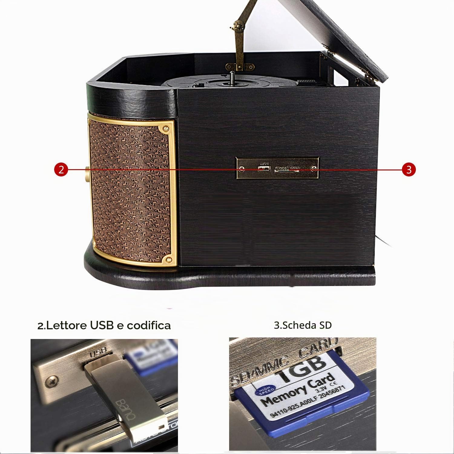 Giradischi retrò 10‑in‑1 con Bluetooth, CD, radio FM, USB/SD per registrare vinili, altoparlanti integrati, ingresso AUX e uscita RCA