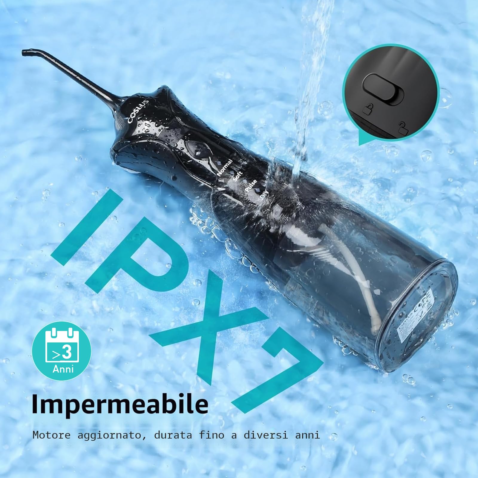 COSLUS C30 Idropulsore Dentale Portatile: 300ml Irrigatore Orale Senza Fili, 4 Modalità Idropulsore Dentale, Vincitore del Test 30 Giorni, Facile da Usare, IPX7 Impermeabile, Nero