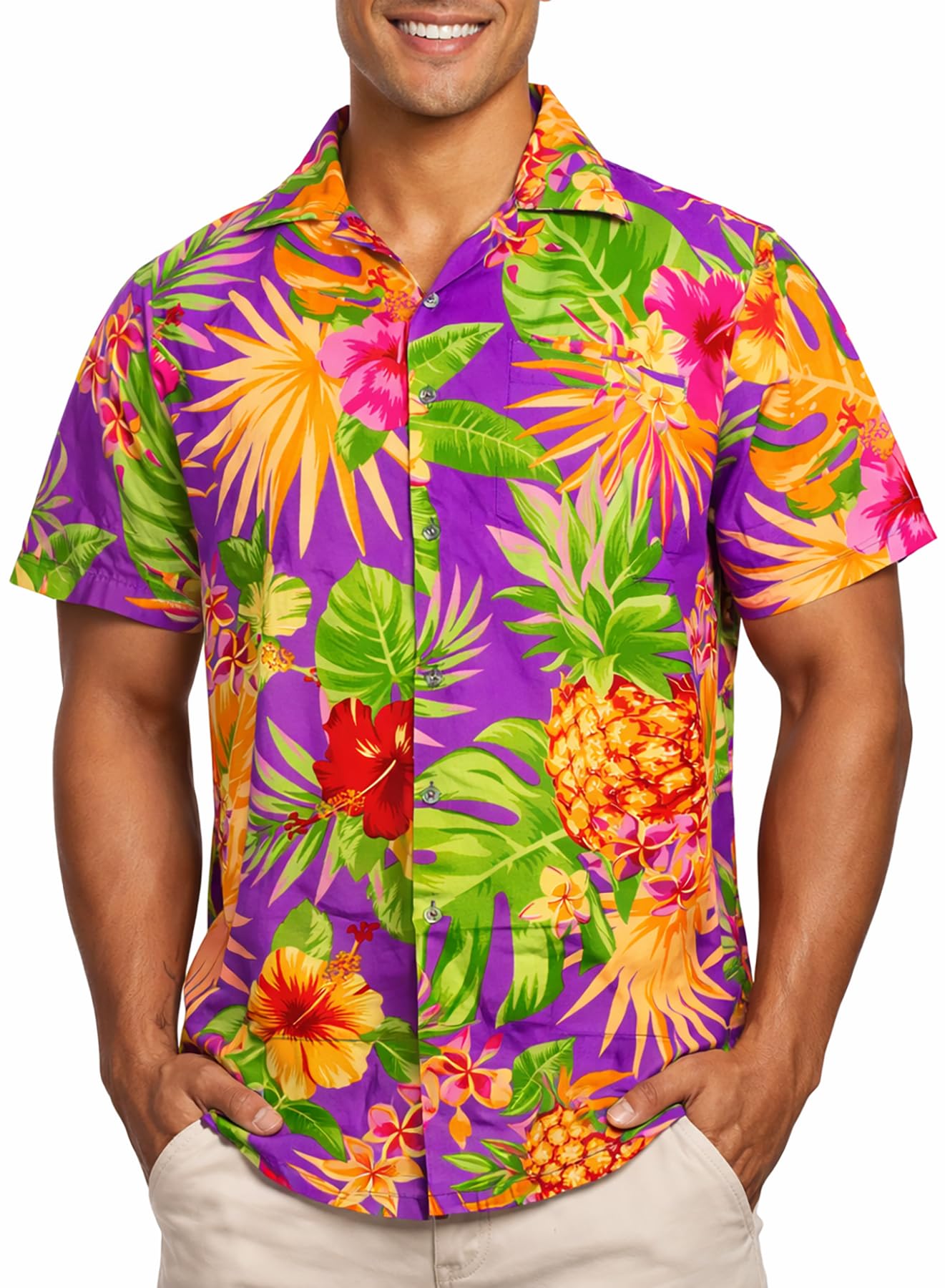 King Kameha Men's Purple - Pineapple Hawaiian Shirts For – Hawaiian Shirt With Pineapple Print, Summer Shirts For Uk - Botton Down Shorts Sleeve Shirt - Aloha Holiday Clothes - Pineapple, Purple, 4XL