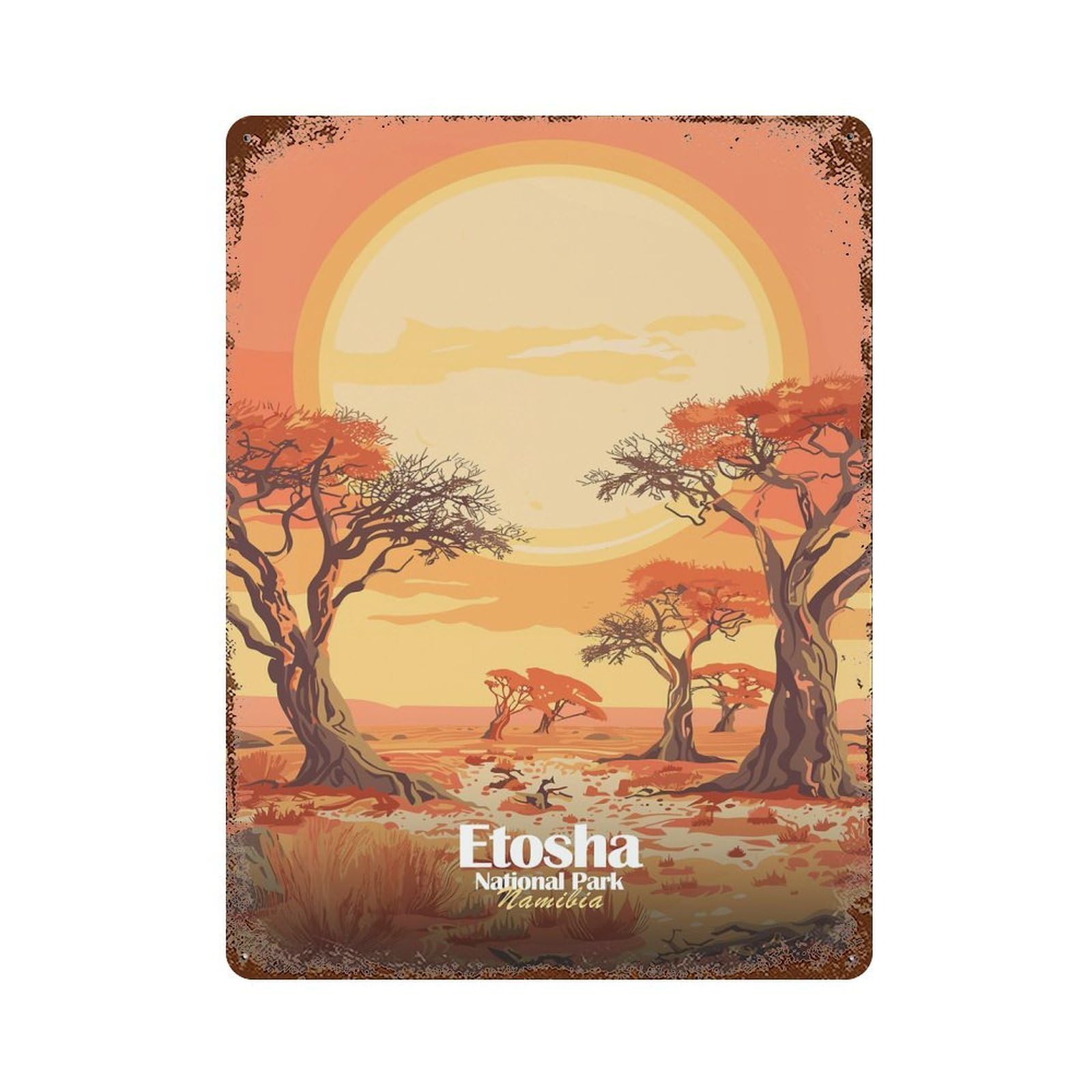 Vintage Rust Metal Sign with Etosha National Park, Namibia Illustration Design 15.7"x11.8", for Farmhouse, Kitchen And Entryway Decor, Novelty Wall Decor