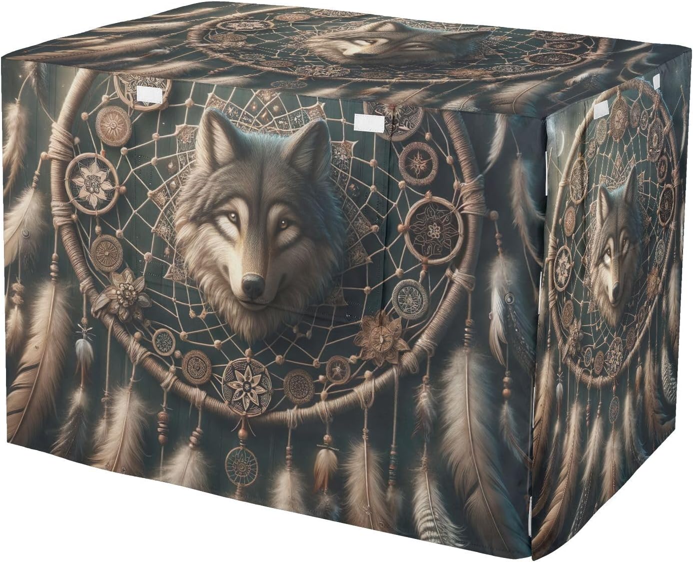 Wolf Dream Catcher Dog Crate Cover Roll-up Side Panels, Pet Cage Cover with Openings, X-Large