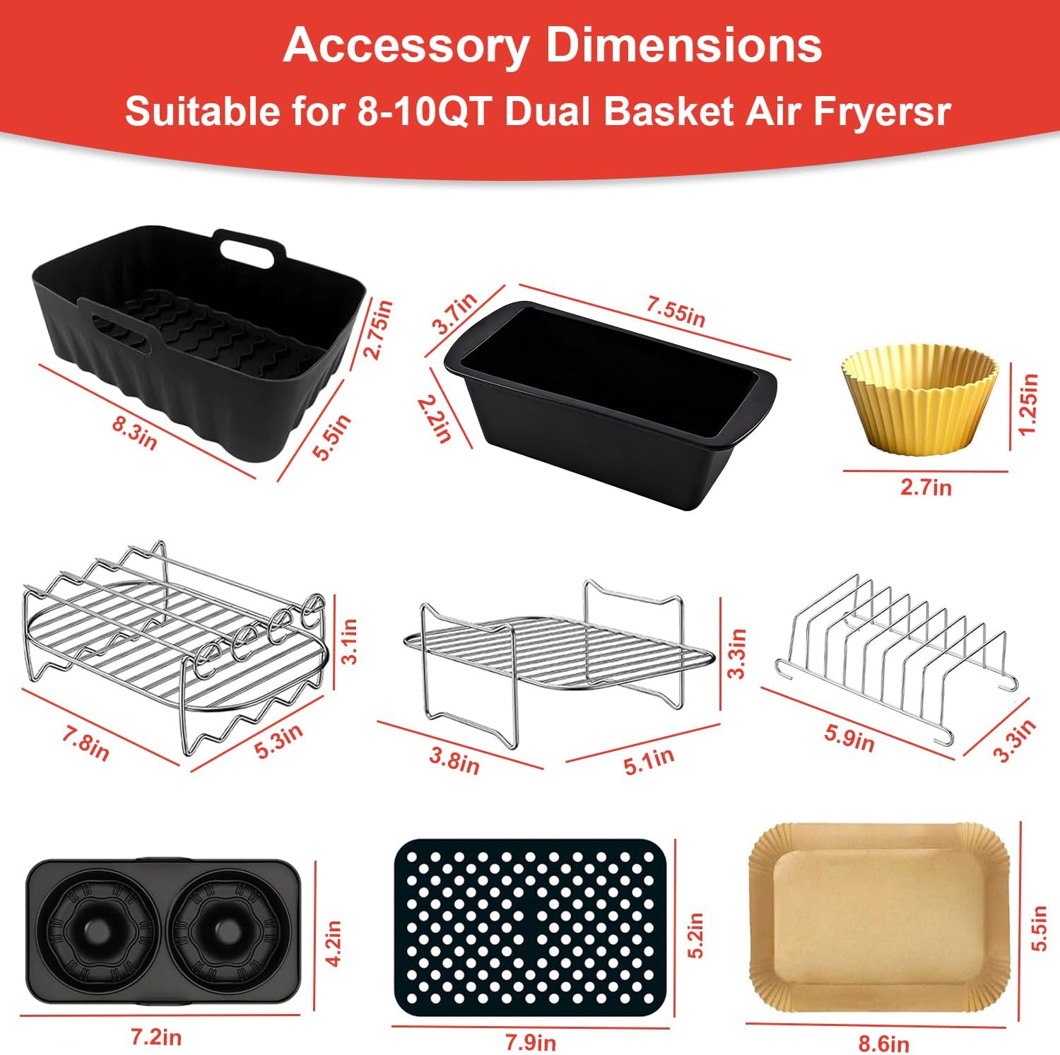 Dual Air Fryer Accessories, Reusable Compatible for Ninja Foodi DZ201, DZ401, DZ550, DZ302, COSORI 9QT, Chefman, Instant, and 6-in-1 8-10QT Dual Basket Air Fryersr,Silicone Liner, Grill