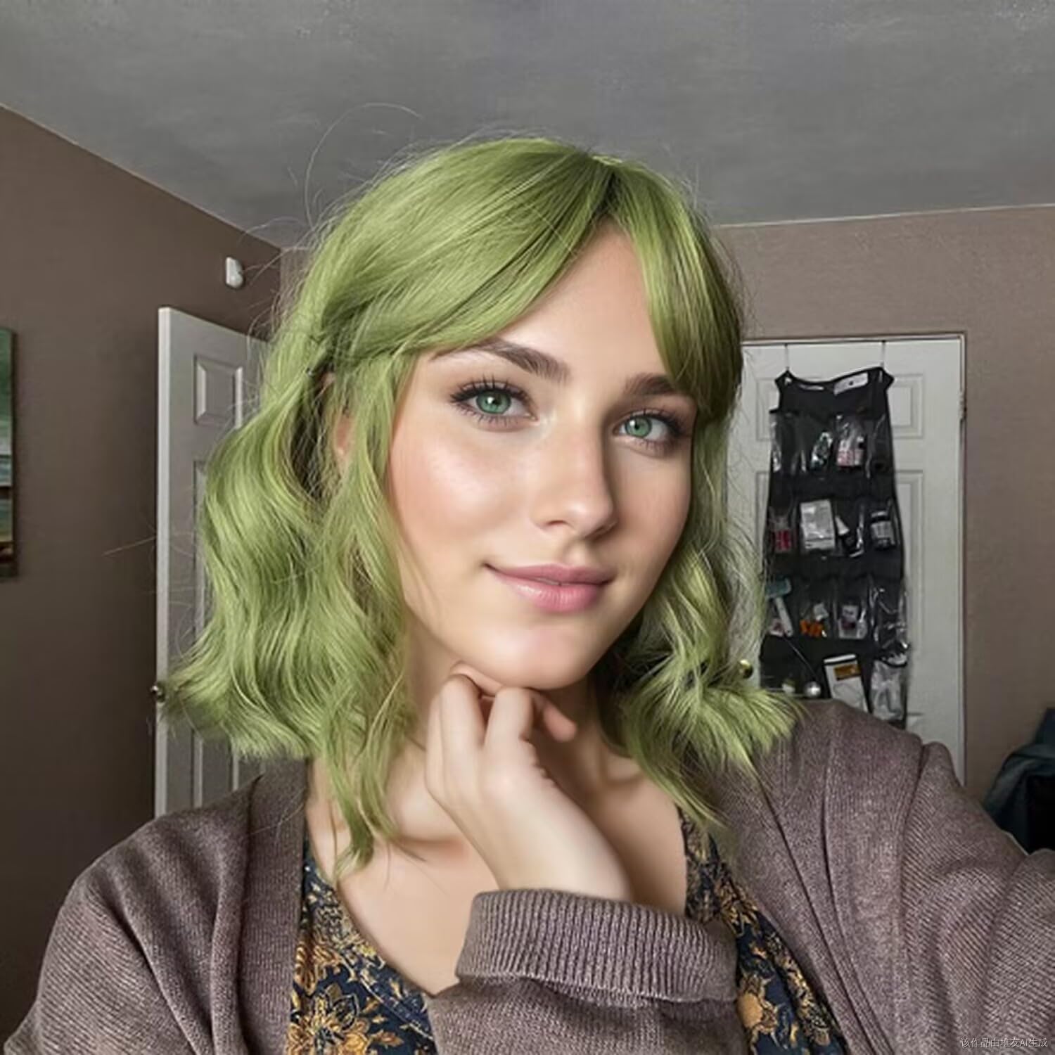 VCKOVCKO Short Bob Wavy Wig With Air Bangs Matcha Green Women's Shoulder Length Wigs Curly Synthetic Cosplay Bob Wig for Girl Colorful Wigs(12" - Image 2