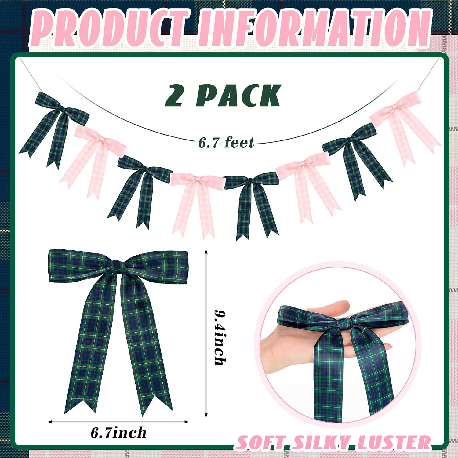 Breling 2 Pack 6.7 ft Tartan Plaid Bear Baby Shower Decoration Gender Reveal Banner 6.7 ft Blue Pink Green Tartan Plaid Bow Garland Banner Ribbon Ornaments for Gender Reveal Party Baby Shower Birthday