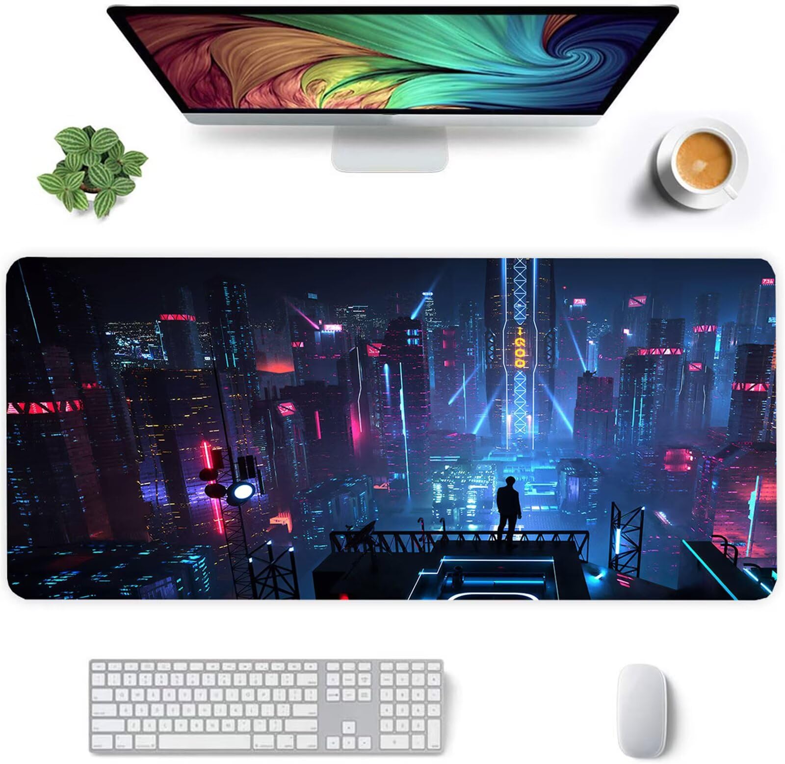 Alfombrilla Ratón XXL 1200x600x2mm Mouse Pad Grande Gaming,Alfombrilla Antideslizante,Tapete Escritorio con Bordes Cosidos,Alfombrilla Ratón para Jugadores, PC, Oficina, Ciudad de Noche neón