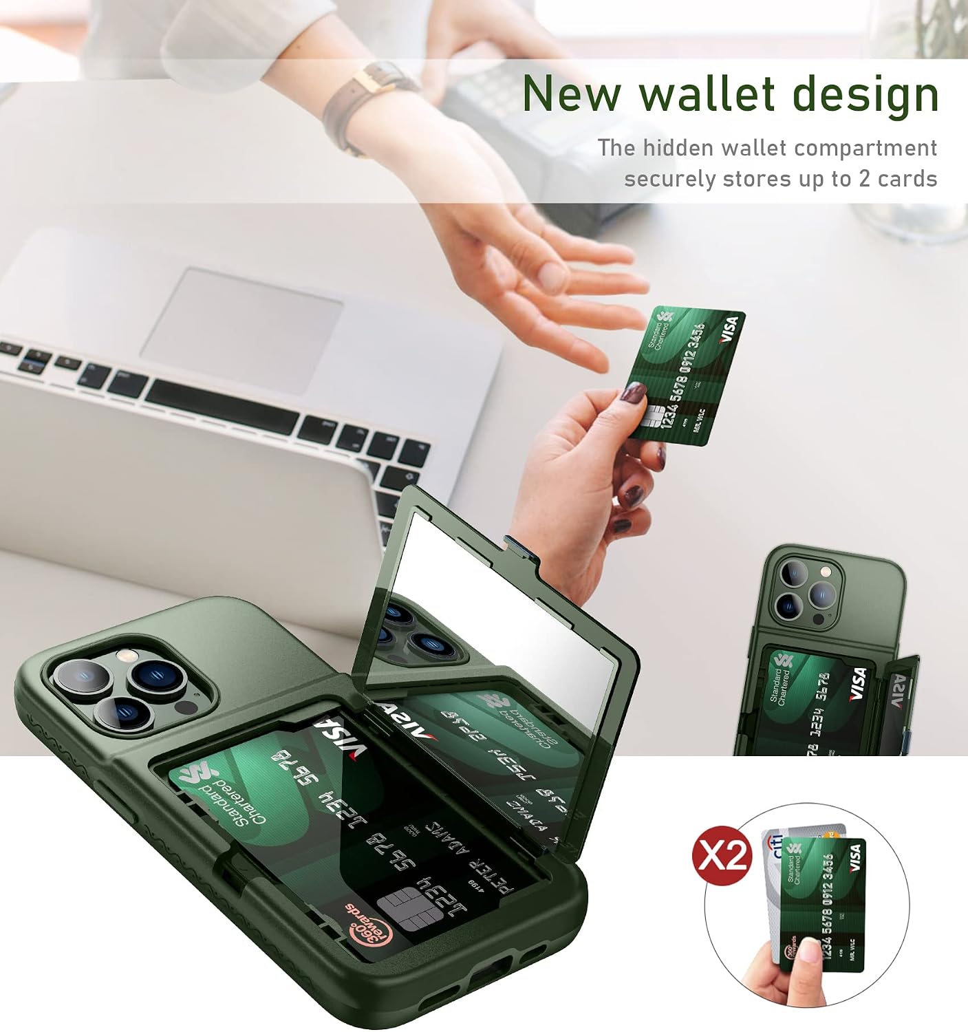 WeLoveCase for iPhone 13 Pro Wallet Case for Women with Credit Card Holder & Hidden Mirror, Two Layer Shockproof Heavy Duty Protection Cover Protective Case for iPhone 13 Pro - 6.1 Inch Green