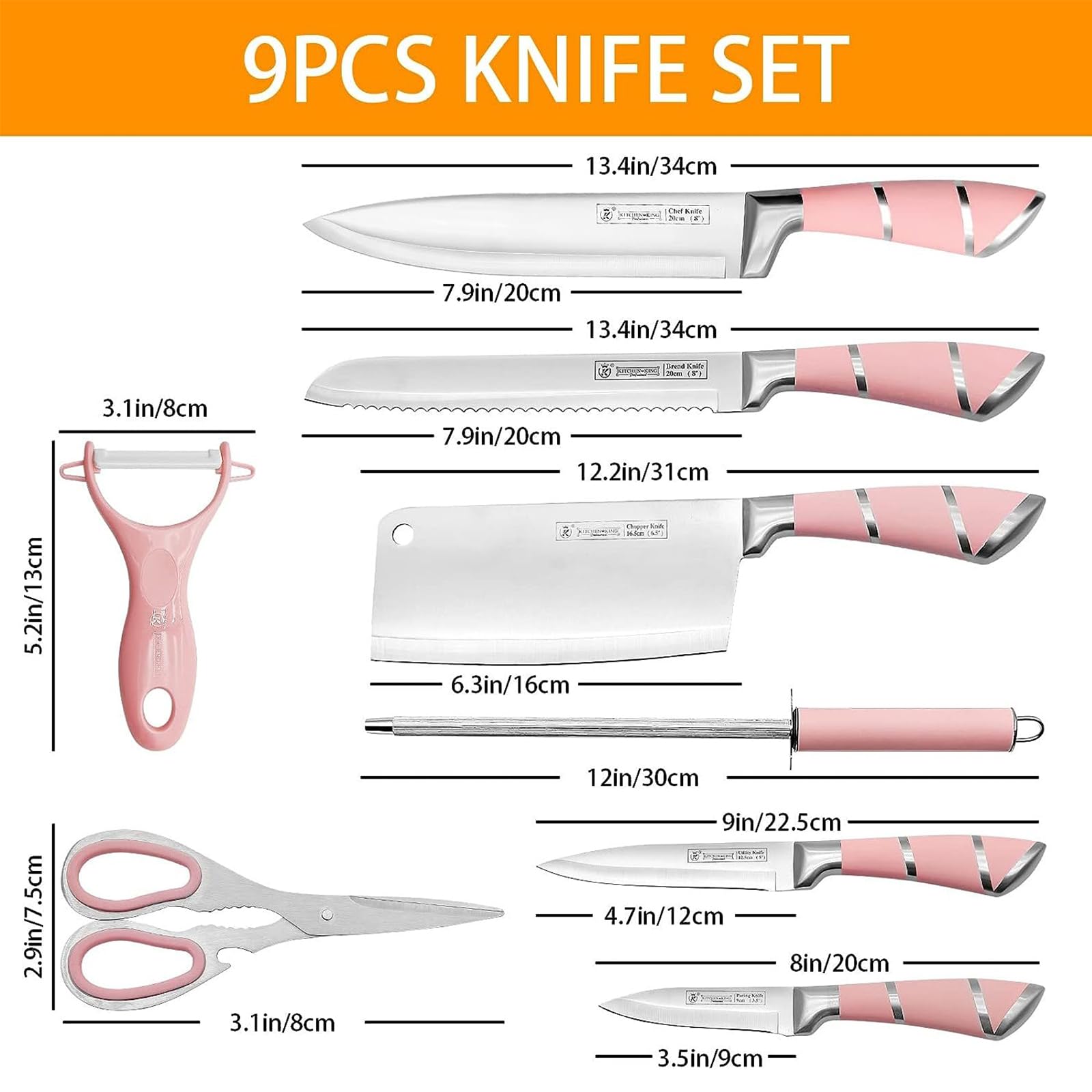 BVI BOOMERVIVI Couteaux de Cuisine, Set de 9 Couteaux de Chef Pointus Professionnels Rose, Ensemble de Porte - Couteaux à Poignée Creuse Rayée, Idéal pour Envoyer Famille et Amis (Rose)