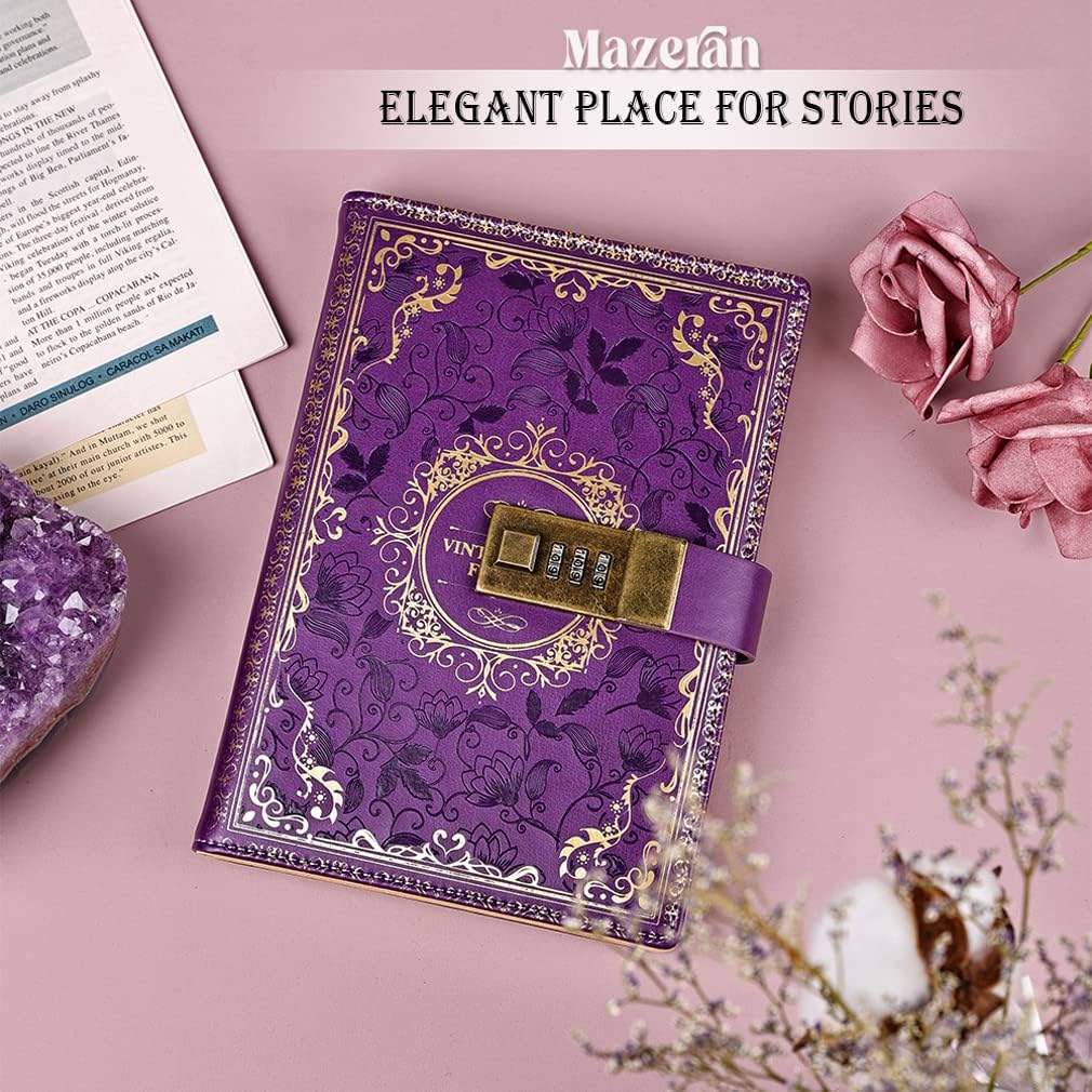 Mazeran Combination Lock Journal, Vintage Elegant Leather Hard Cover Floral Embossed Notebook Diary, 256 Pages Lined Golden Gilded Password Locking Personal Planner, Gift for Women Girls (Boxed) - Image 6